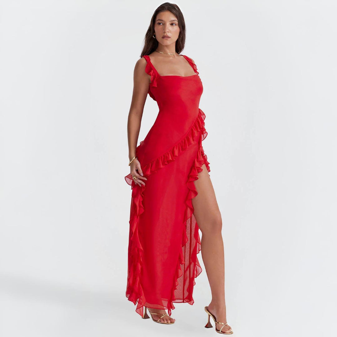 SARA | MAXIKLÄNNING MED VOLANGER